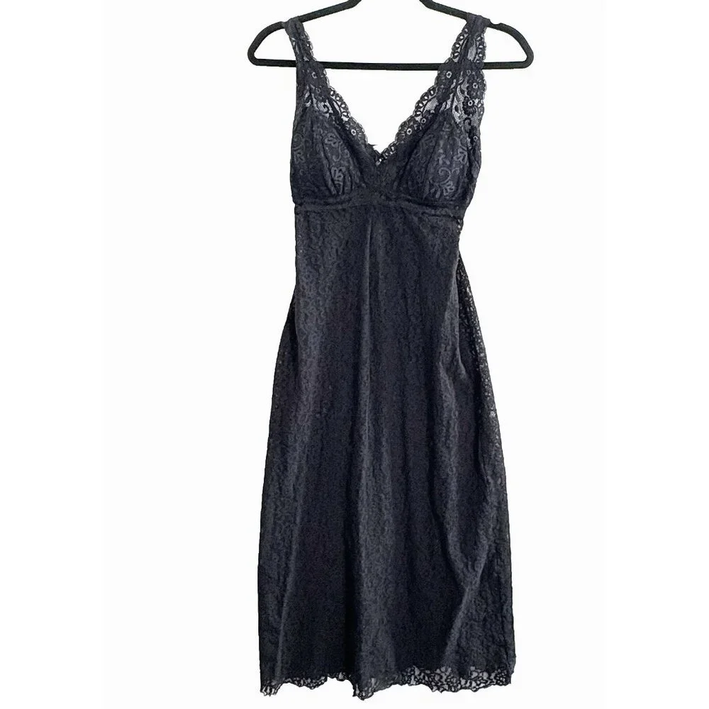 Vtg ARIANNE Women Long Line V Neck Pad Bra Maxi Chemise Sz M Black Lace‎ 76-5